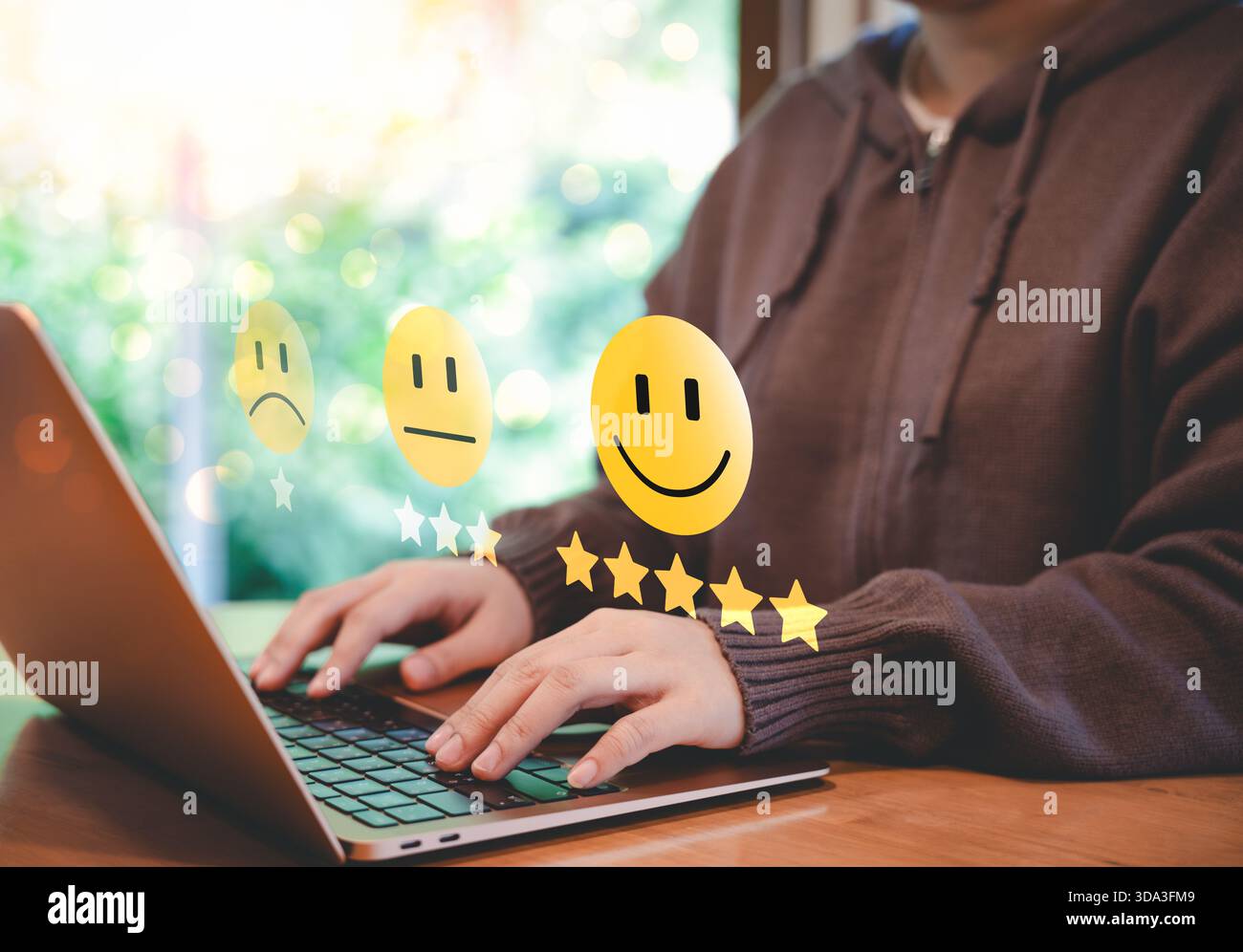 Customer satisfaction rating and feedback concept. A person types on ...