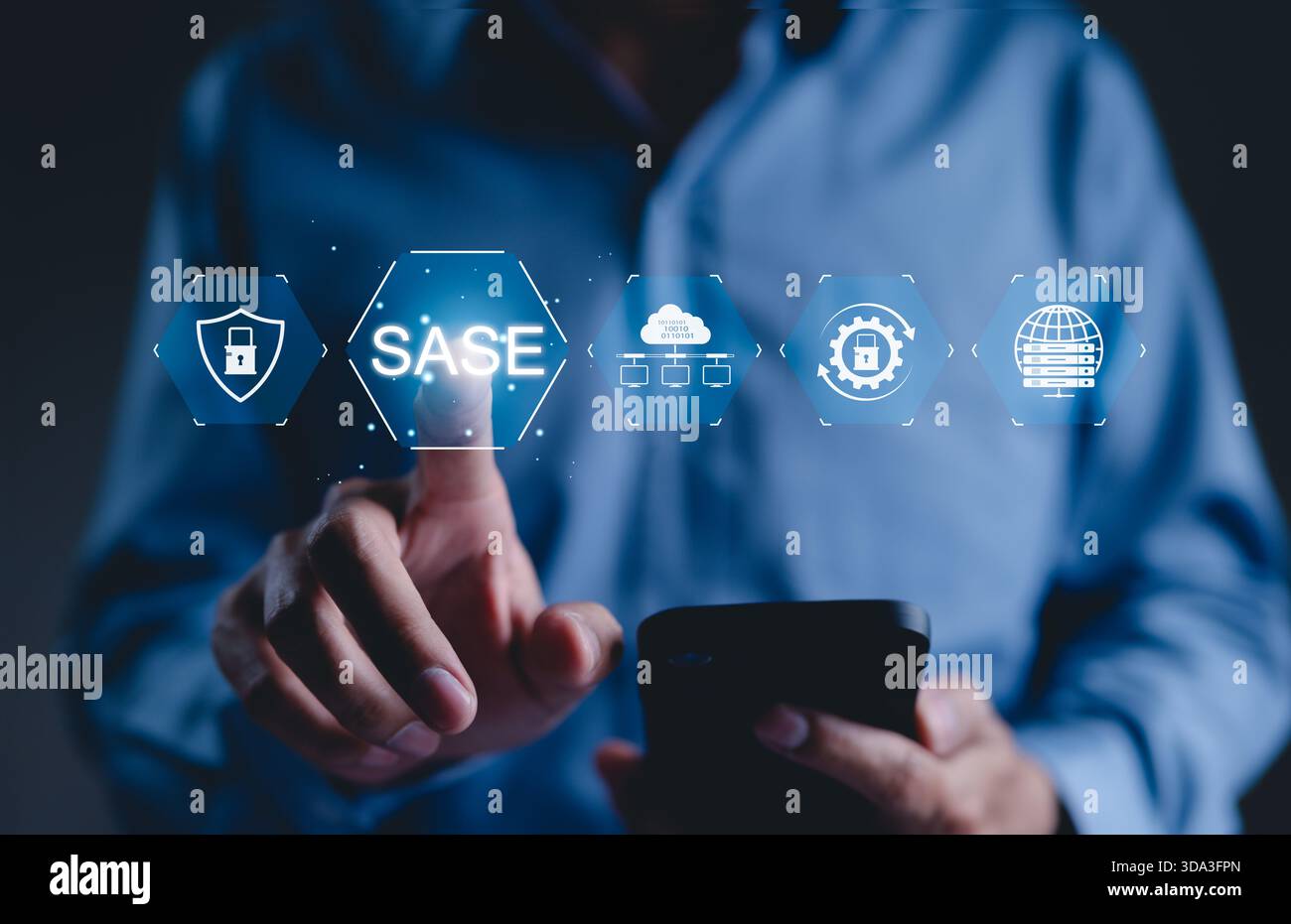 SASE Concept. Secure access service edge technology. digital interface SASE icons represent secure access, cloud security, network management, Stock Photo