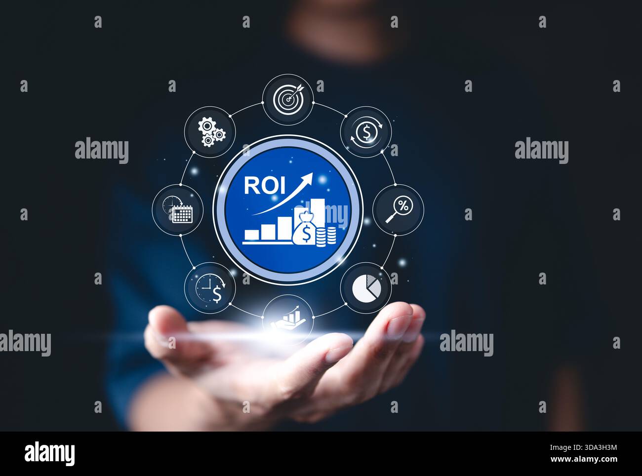 ROI - Return on Investment analysis concept. A hand holds digital ...