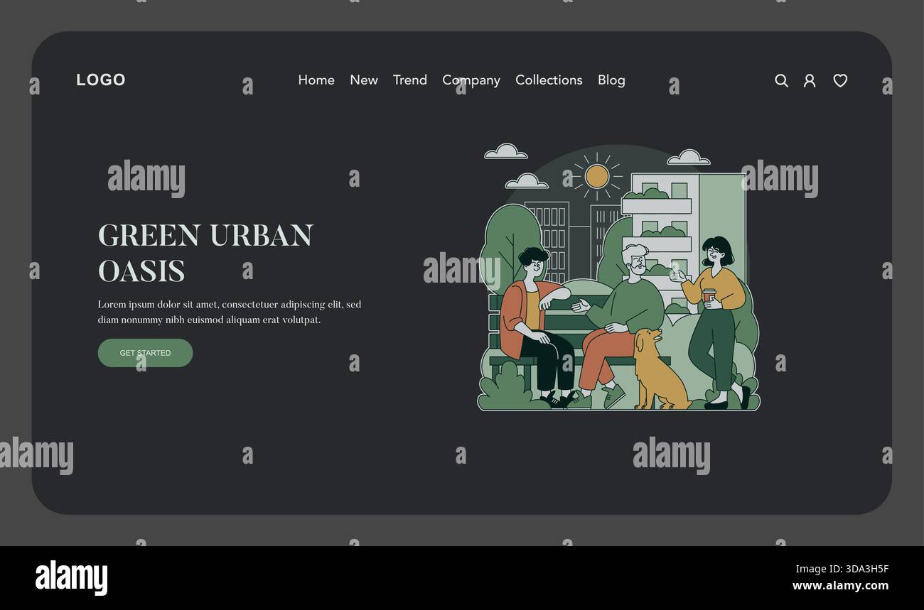 Vector illustration depicting an urban park scene with people and a dog ...