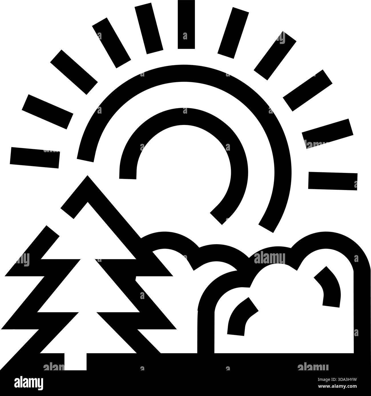 Sun shining over evergreen tree and bushes line art icon Stock Vector ...