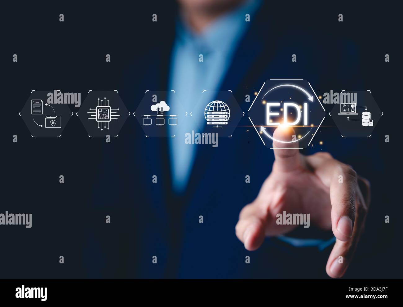 EDI, Electronic Data Interchange Concept. Businessman touching on EDI (Electronic Data Interchange) icons, global data transfer, digital security, Stock Photo