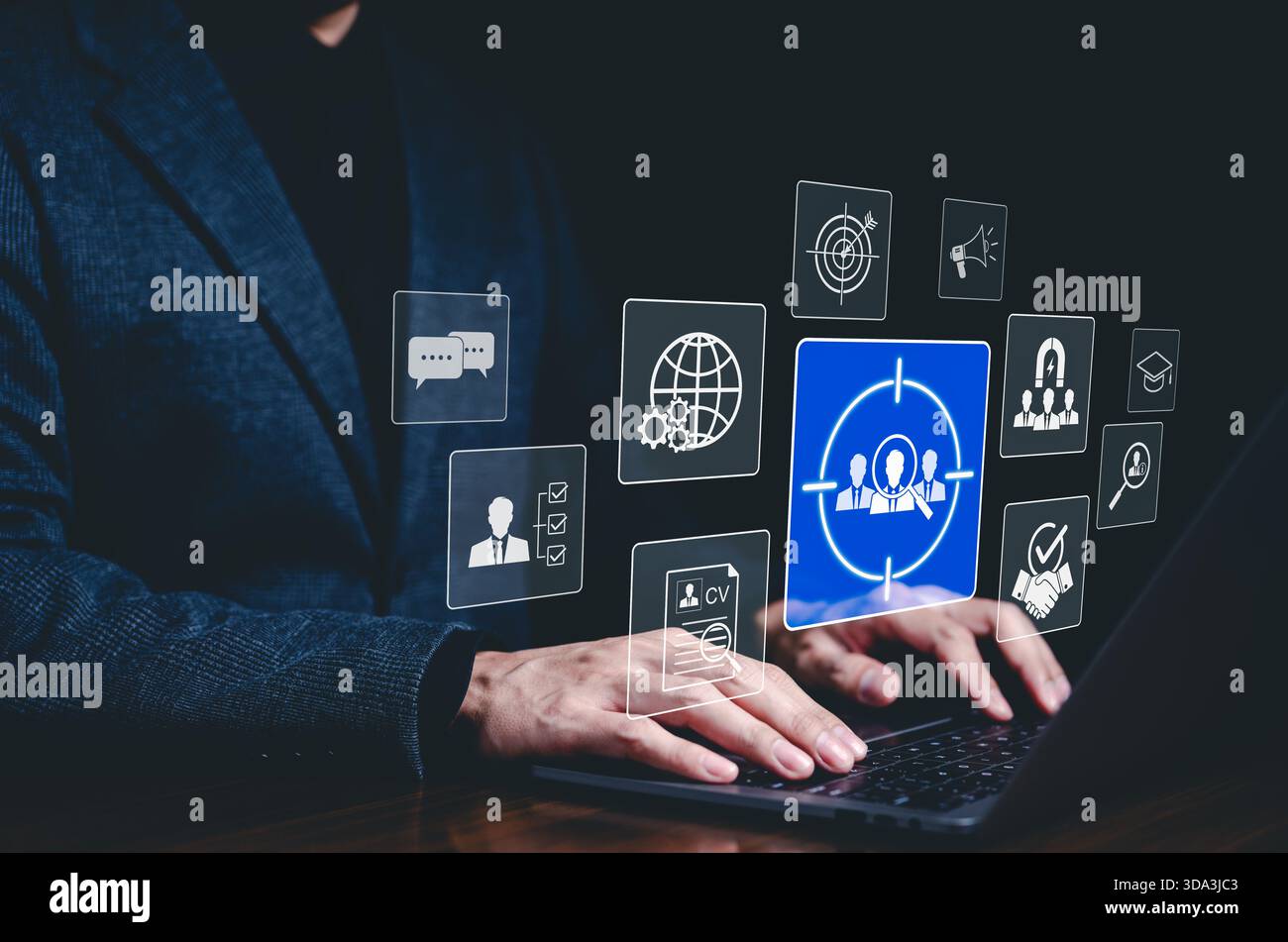 Recruitment and talent acquisition concept. Digital icon representing target with group of people, recruitment, talent acquisition. candidate Stock Photo