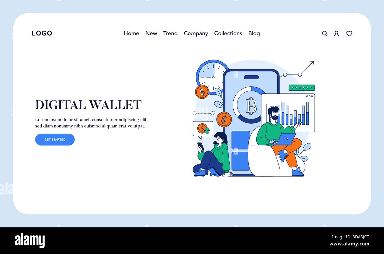Vector illustration showcasing a digital wallet website with people  interacting, depicting cryptocurrency exchange themes. Features graphs,  currency symbols, and a mobile app interface Stock Vector Image & Art -  Alamy