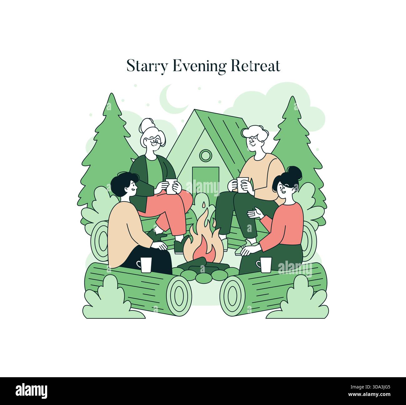 Vector illustration of a group sitting around a campfire in a forest ...