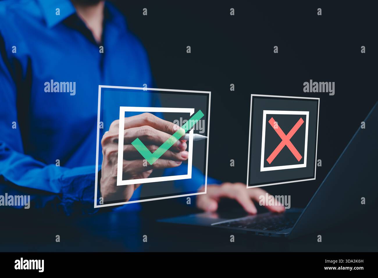 Decision-Making Concept, Yes and No Options. A person selecting between a green checkmark and red cross, decision making, voting, Stock Photo