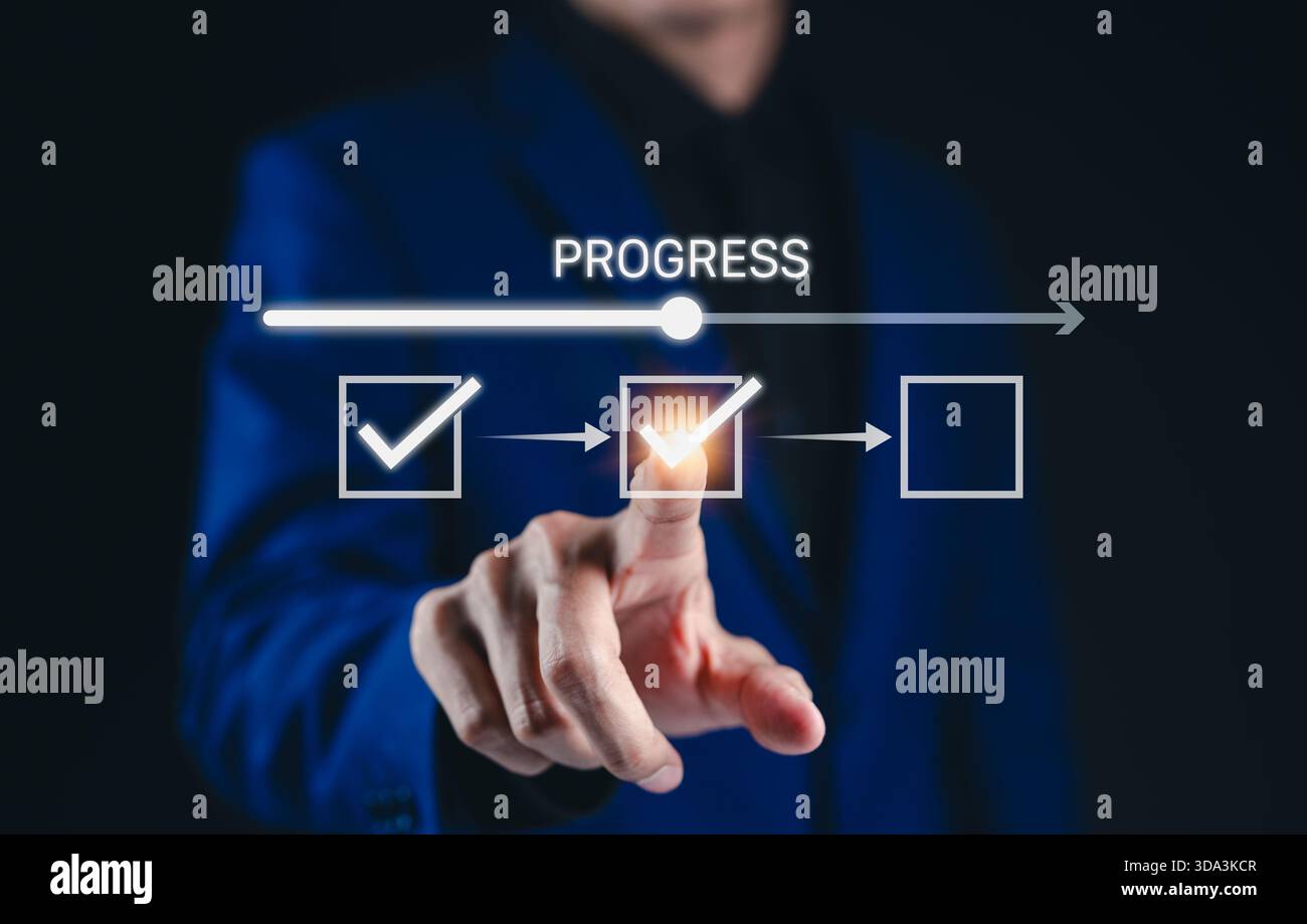 Progress Tracking and Task Management Concept. A person interacting with progress bar and checklist symbolizes task management, project development, Stock Photo