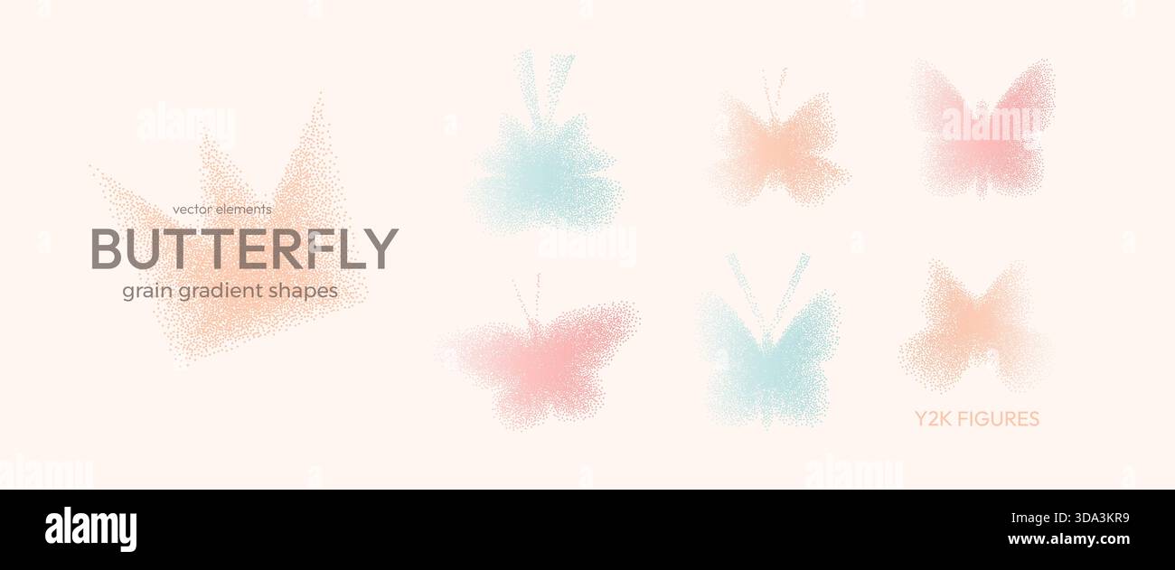 Grain gradient butterfly set. Y2k icons. Dot gradation airbrush flying spray illustration. Vector vintage aesthetic grainy butterflies figures Insect Stock Vector