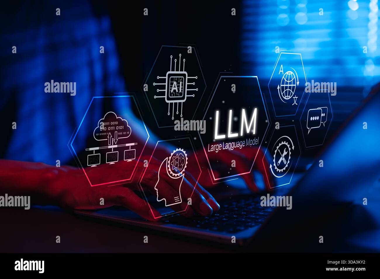 LLM Large Language Model and AI technology concept. Man working with LLM interface icons, artificial intelligence, deep learning, machine learning, Stock Photo