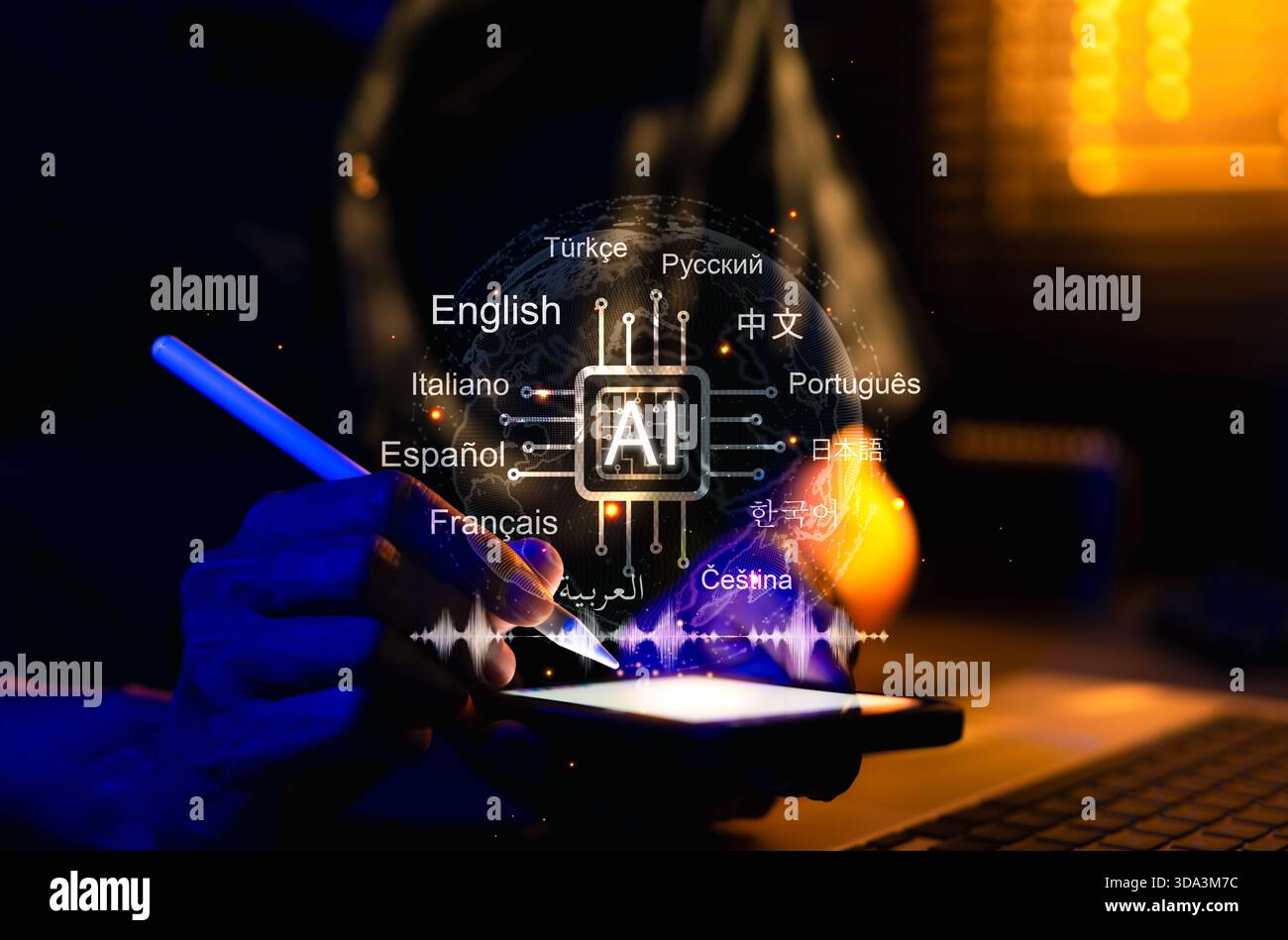 AI-Powered Language Translation Technology. Users using smartphone with AI multiple languages, artificial intelligence driven multilingual translation Stock Photo