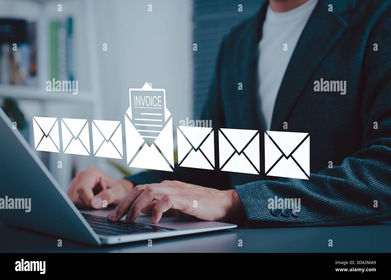 E-Invoice and Digital Billing Notification Concept. Businessman with digital envelope icons with invoice document, representing electronic invoicing, Stock Photo