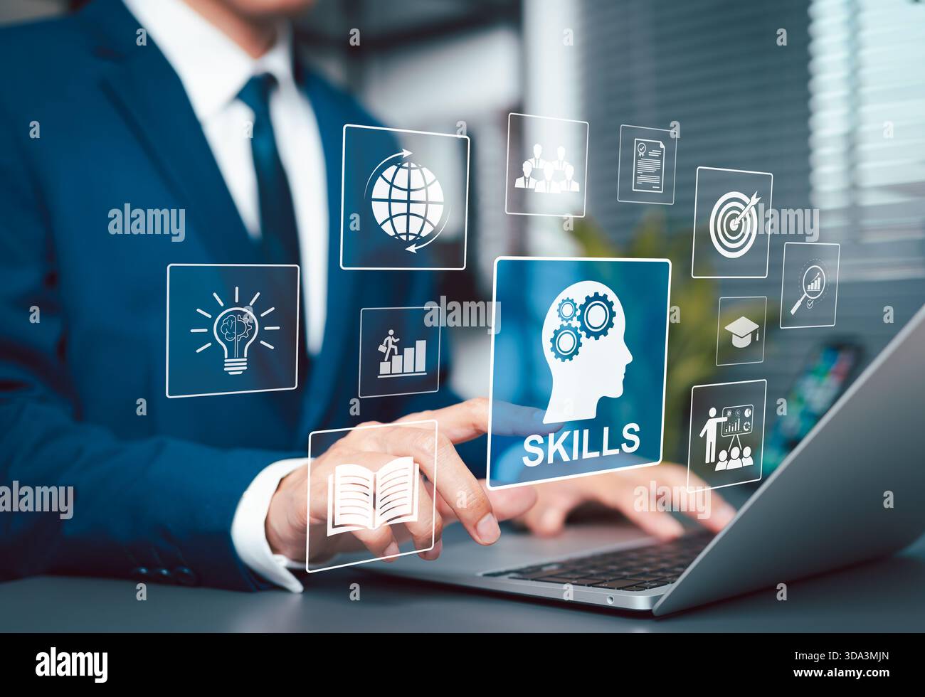 Skills Development and Learning. Personal growth concept. Businessman interact with icons representing skills, education, learning, Stock Photo