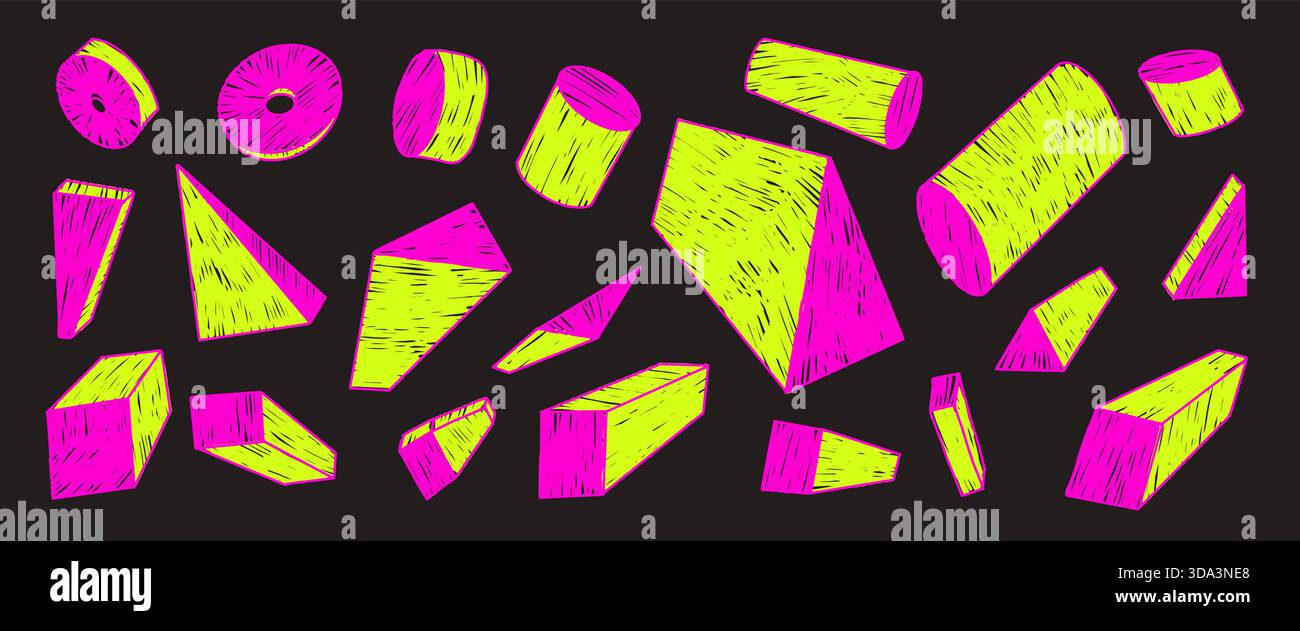 Hand-drawn 3d abstract geometric shapes with crayon texture. Colorful neon geometry elements. cylinder, triangular forms in naive markers doodles. cub Stock Vector
