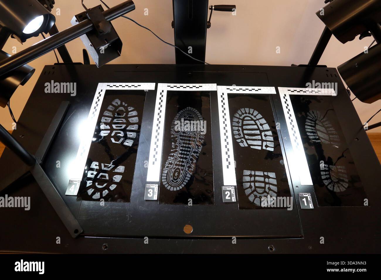 Cracow. Krakow. Poland. Examples of boots and shoes prints seen in forensic laboratory. Stock Photo