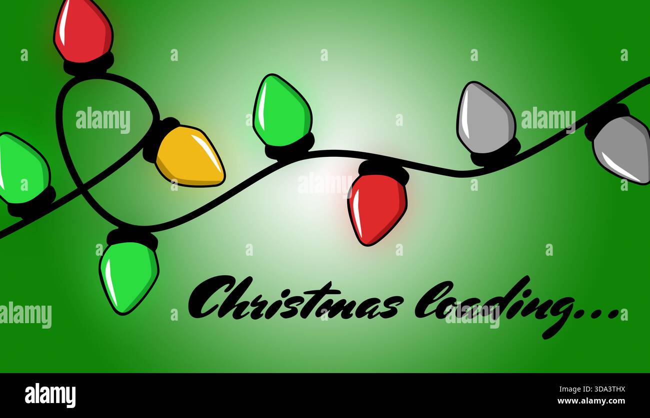 Christmas loading, expectation of holiday. String lights on green gradient background Stock Photo