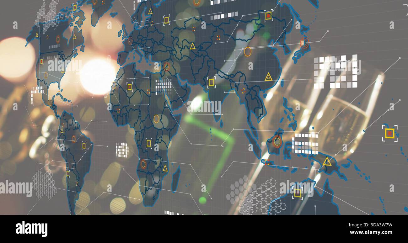 Displaying stylized world map overlay in digital backdrop, showing hex grids, nodes, link lines Stock Photo