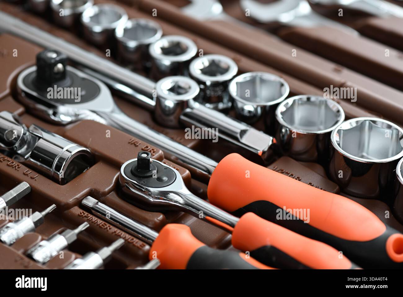 Professional work tools set with various instruments for technicians Stock Photo