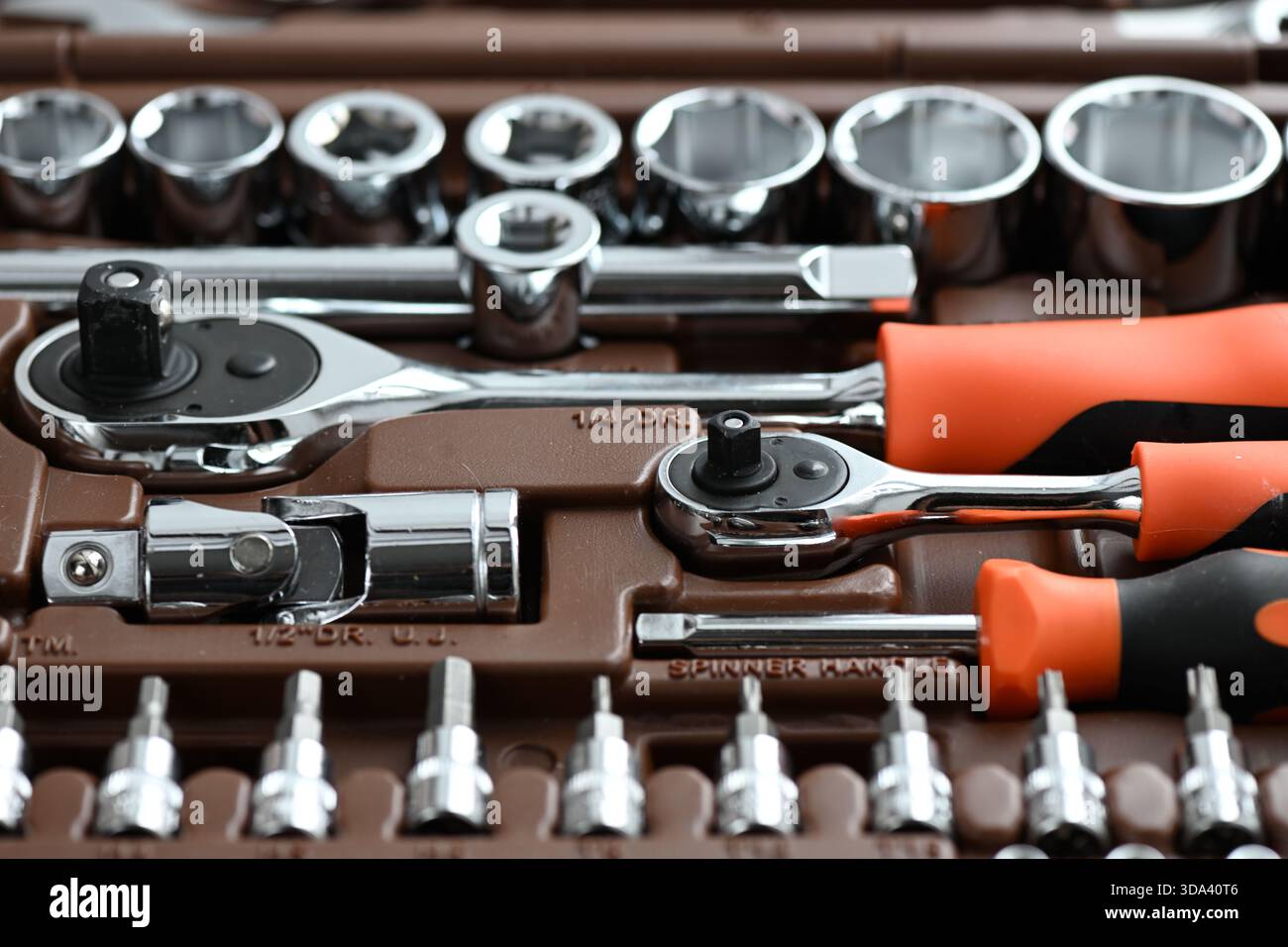 Professional work tools set with various instruments for technicians Stock Photo