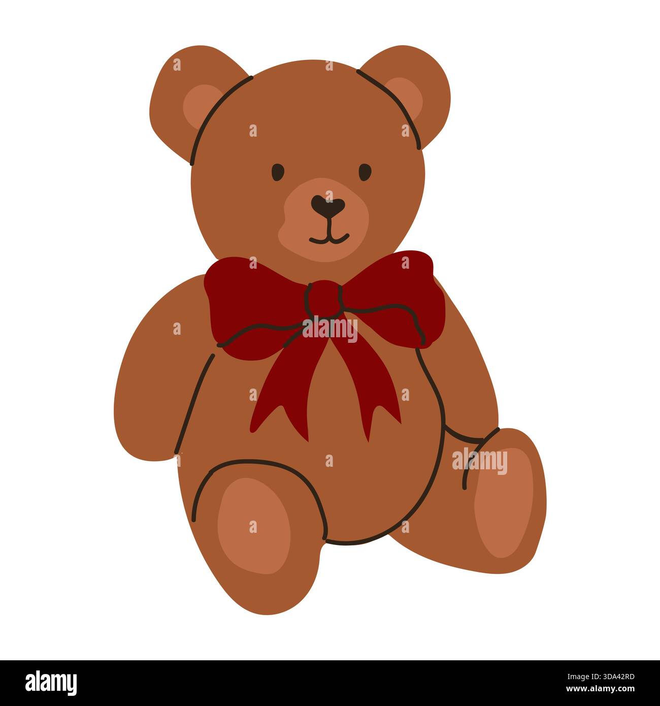 A teddy bear sits with a red bow on its neck. The bear has a simple ...