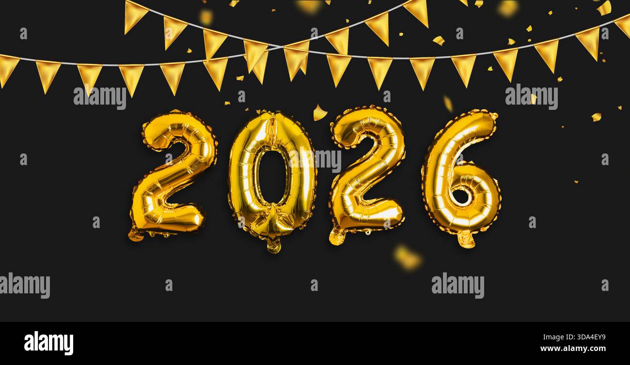 Festive New Year horizontal banner. Gold metallic 2026 balloons with ...