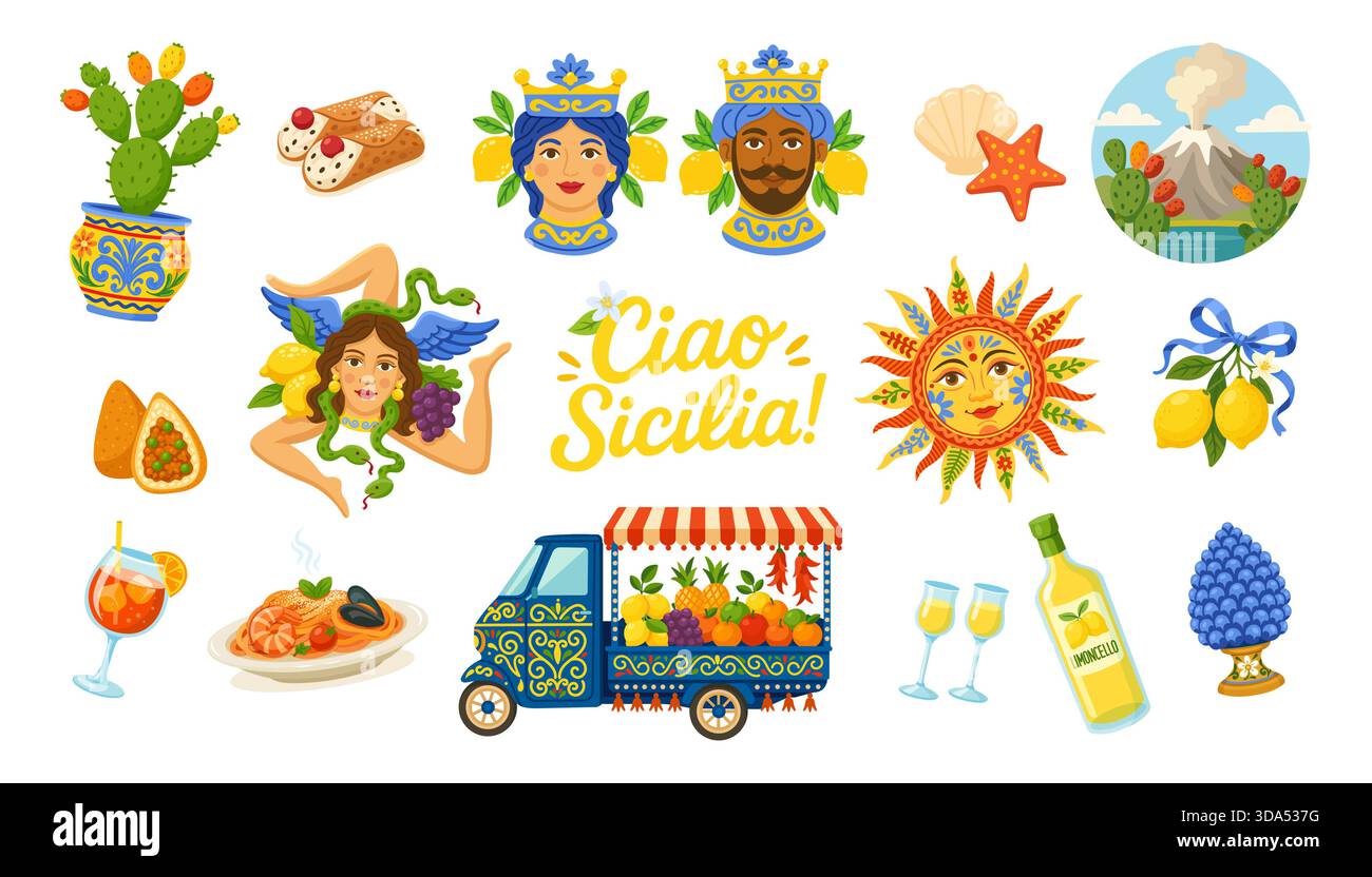 Iconic Sicily symbols like sun, ceramics, volcano, fruit cart ...