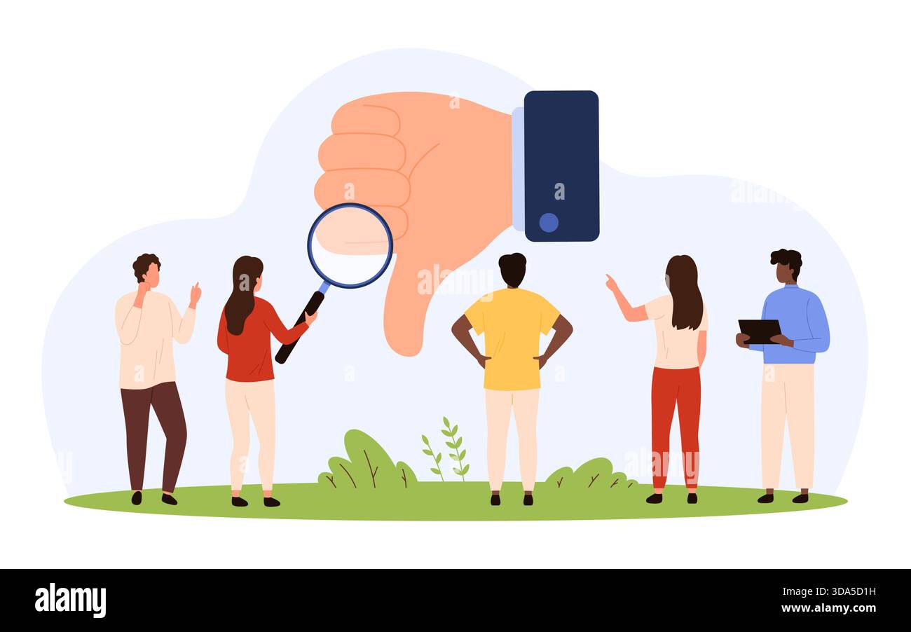 Business team examining negative feedback symbolized by a large thumbs ...
