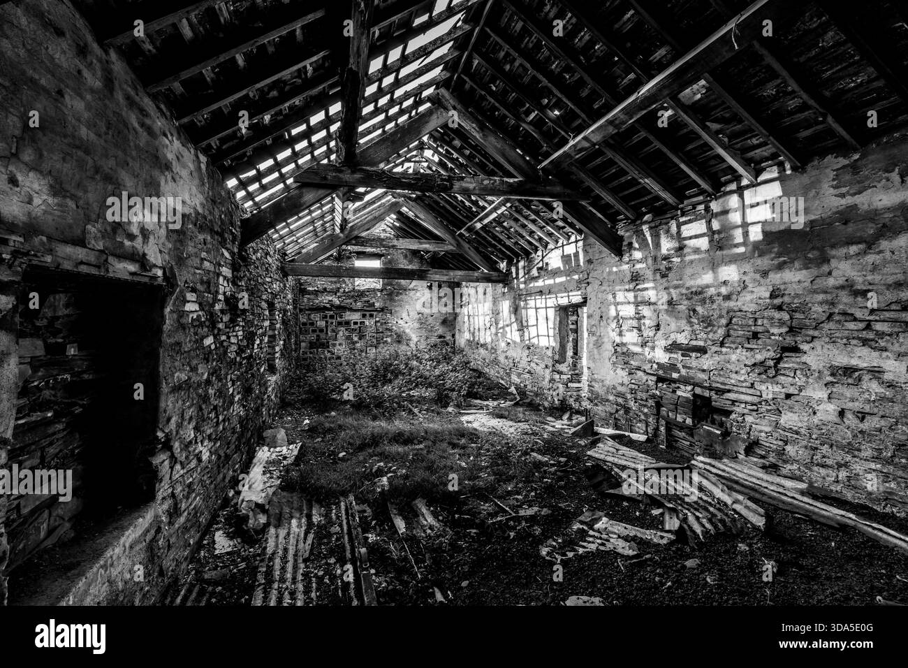 Interior of old ruined building in black and white Stock Photo - Alamy