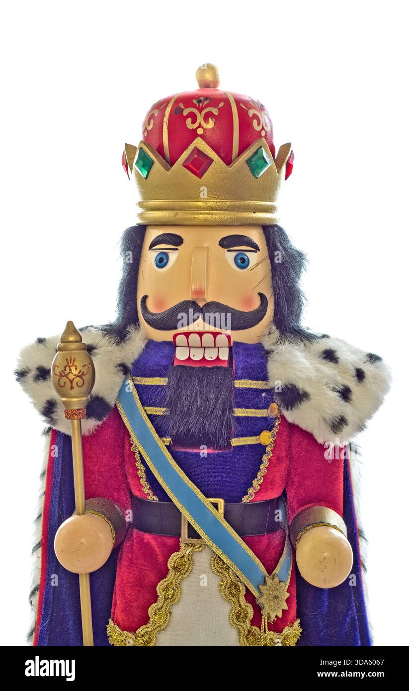 Traditional Wooden Nutcracker King on White Background Stock Photo