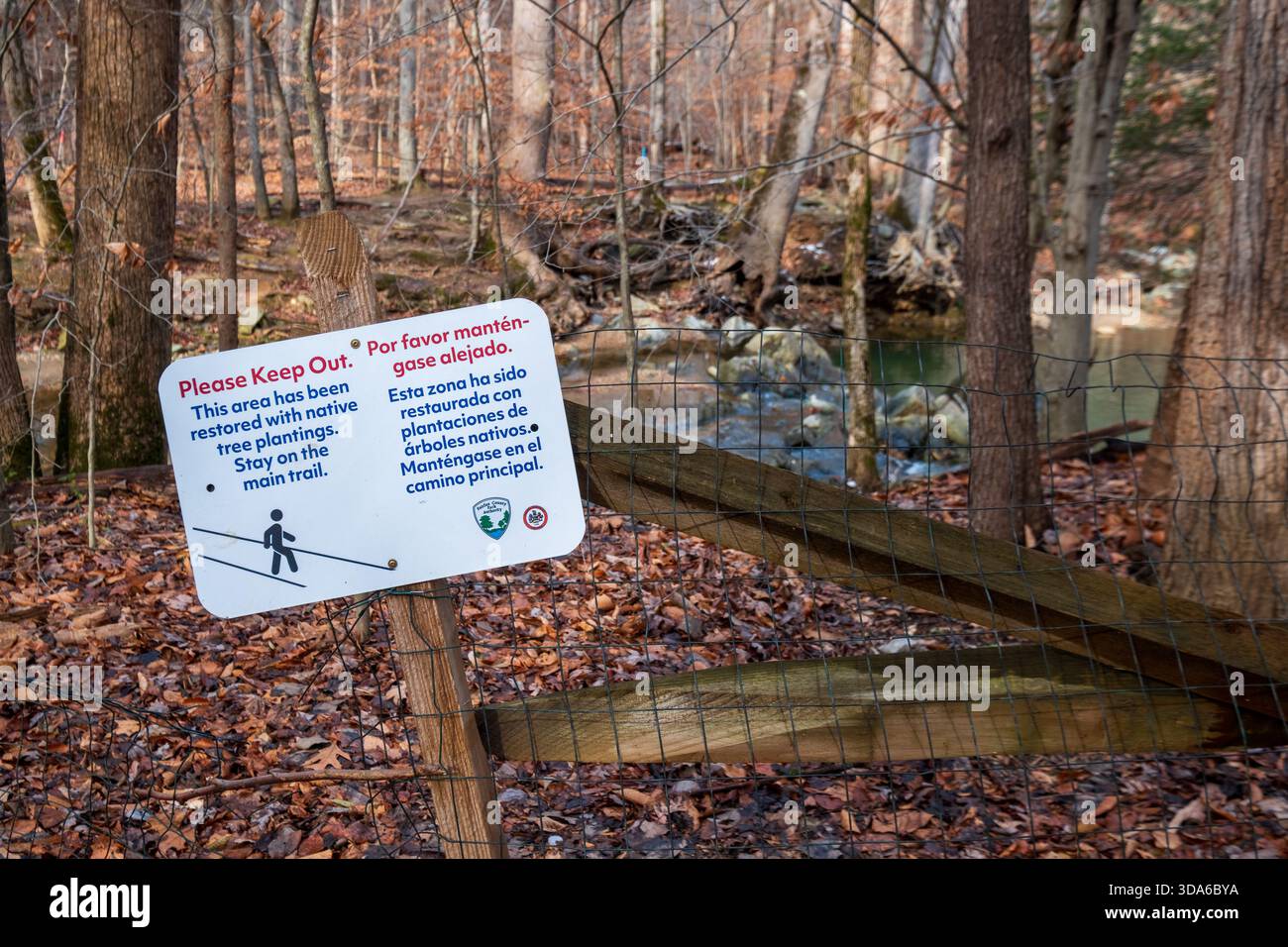 Bilingual restoration area sign and fence in winter woodland at Scott’s Run Nature Preserve, Fairfax County, Virginia, USA Stock Photo
