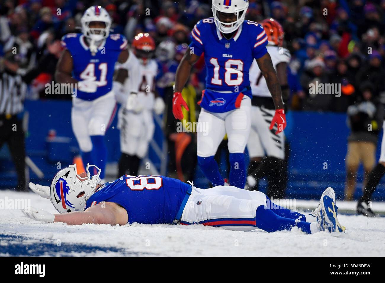 Buffalo Bills tight end Jackson Hawes, bottom, celebrates with a snow ...