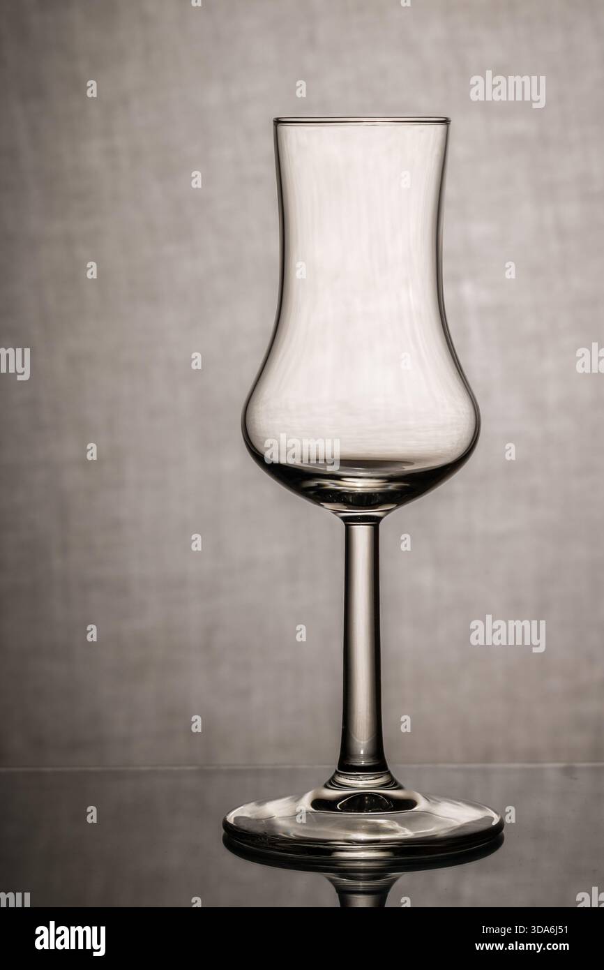 empty brandy glass with reflection on textured gray background Stock Photo