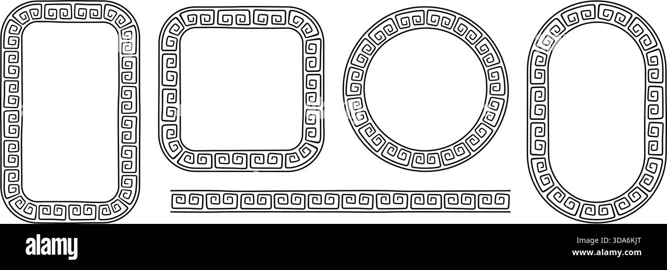 Greek doodle frames set. Hand drawn roman circle, oval and rectangle ...
