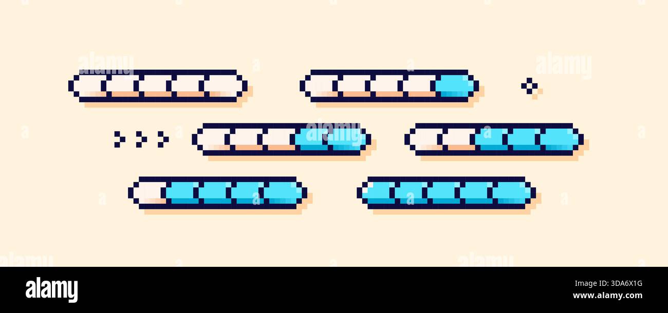 Pixel art percentage scale. Six blue loading process bars. Stock Vector