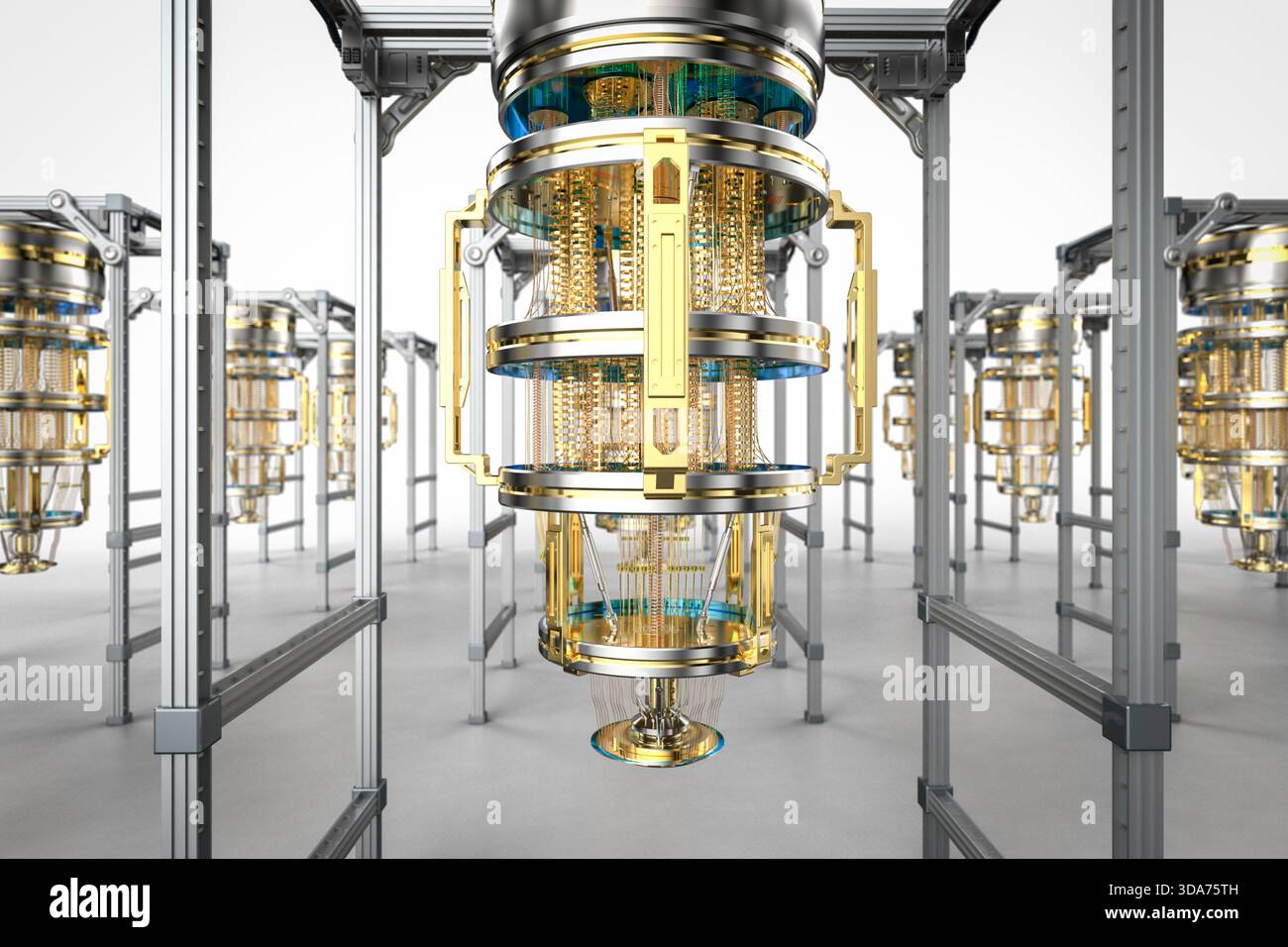 3d rendering group of golden quantum computer machine with case Stock Photo