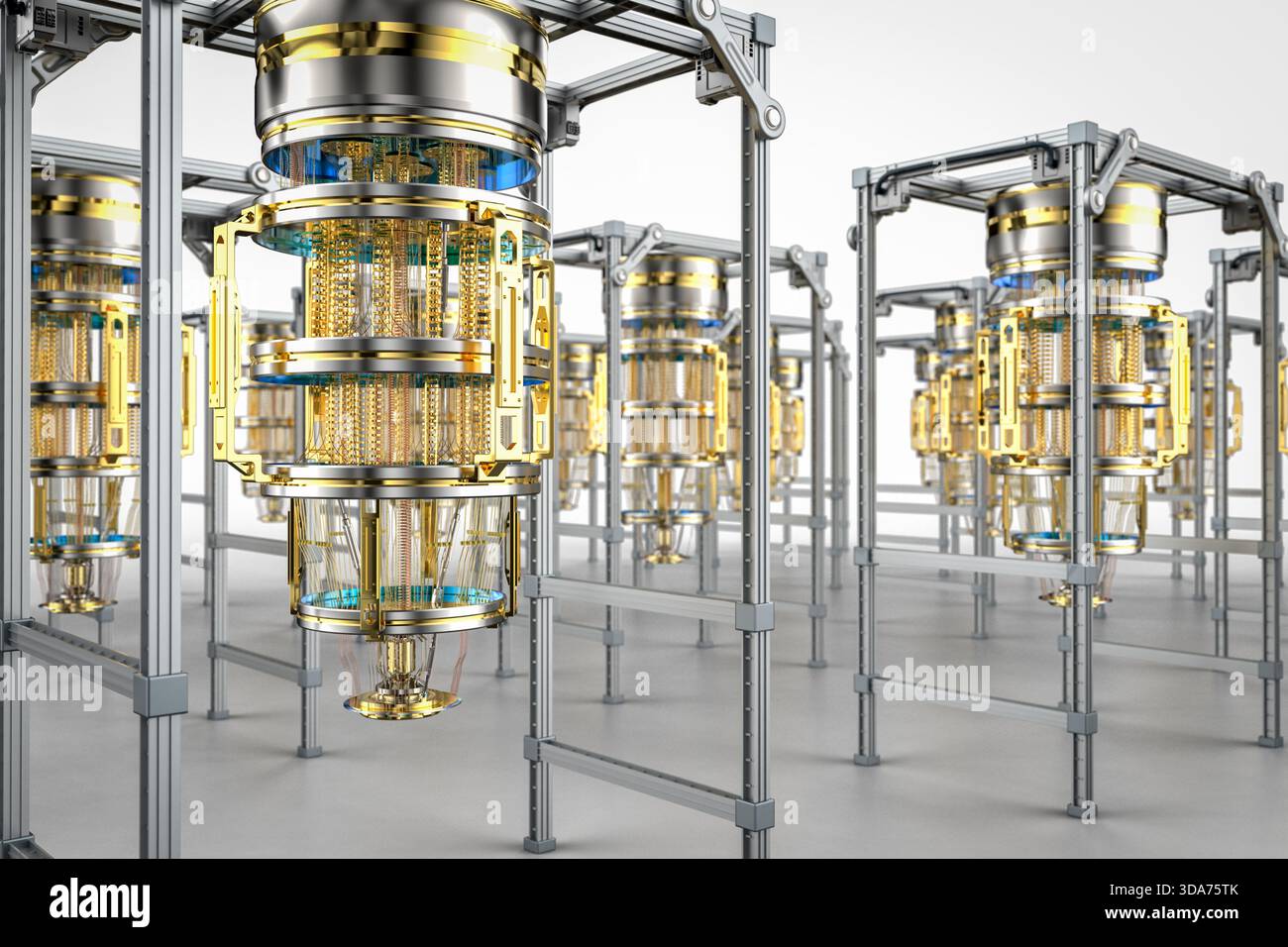 3d rendering group of golden quantum computer machine with case Stock Photo