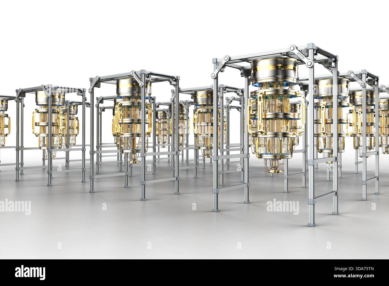 3d rendering group of golden quantum computer machine with case Stock Photo