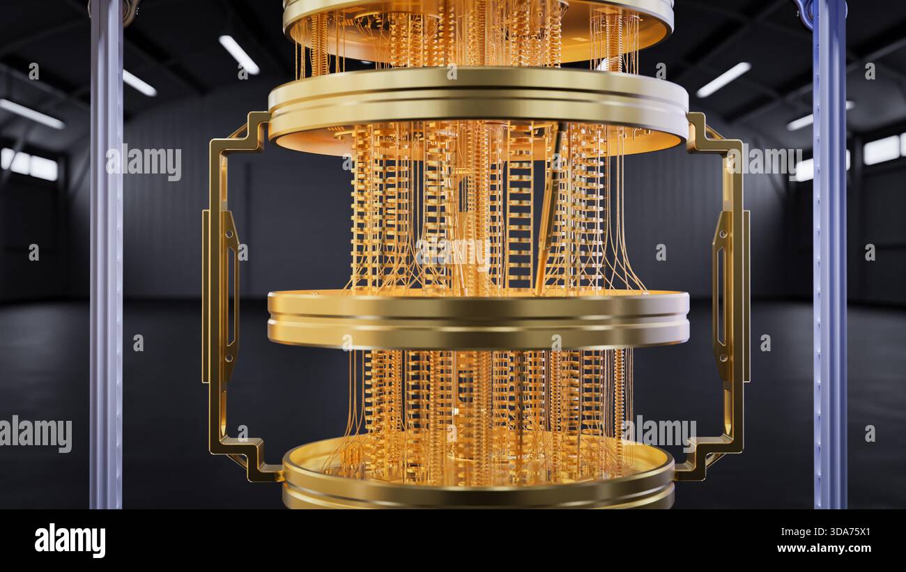 3d rendering golden quantum computer machine close up Stock Photo