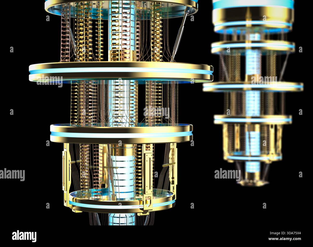 3d rendering group of golden quantum computer machine close up Stock Photo