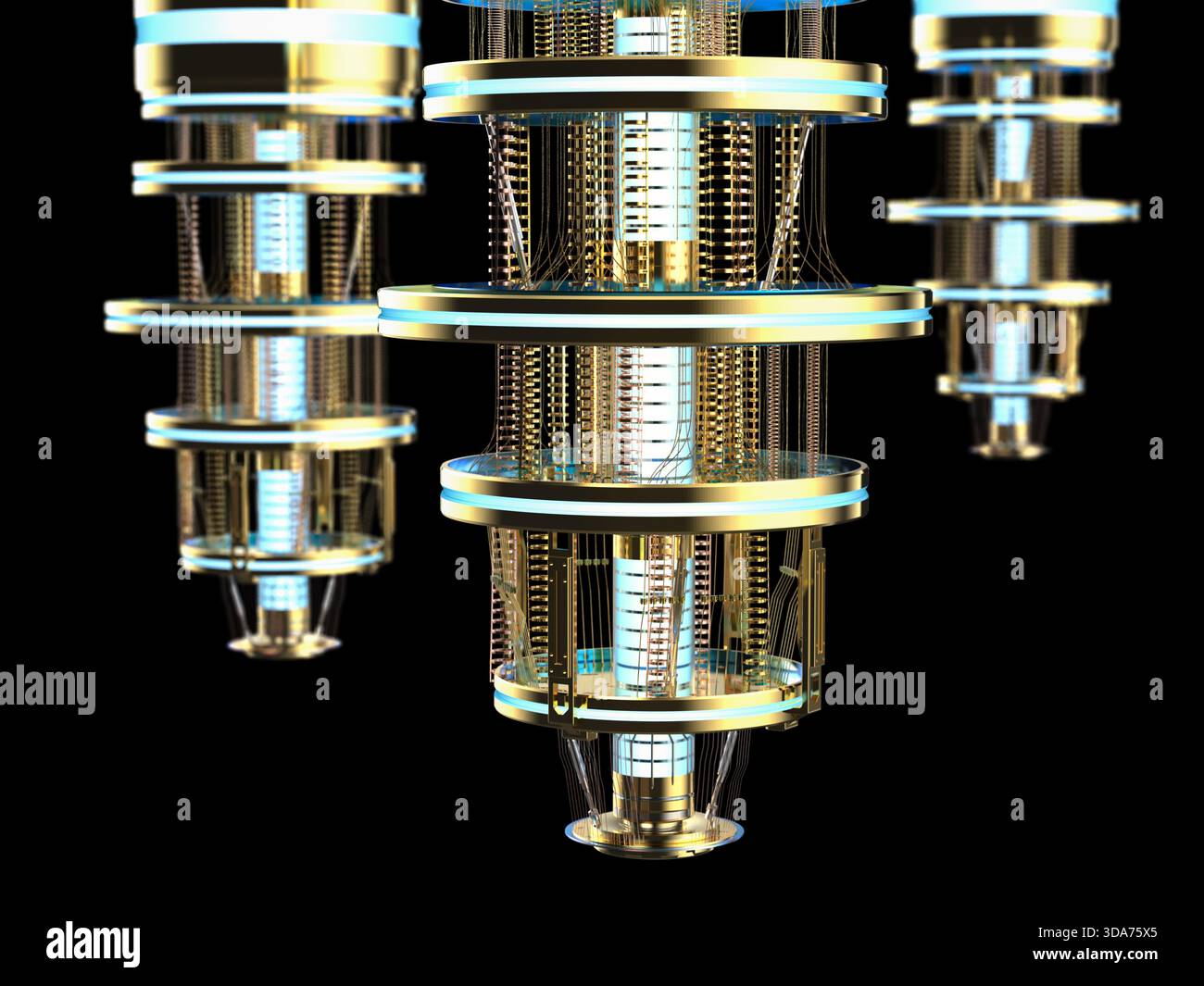 3d rendering group of golden quantum computer machine close up Stock Photo