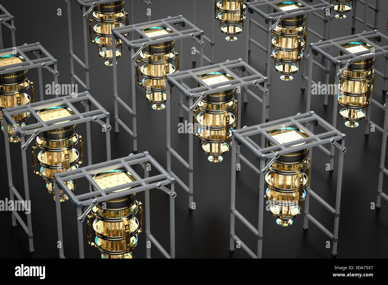 3d rendering group of golden quantum computer machine isometric Stock Photo