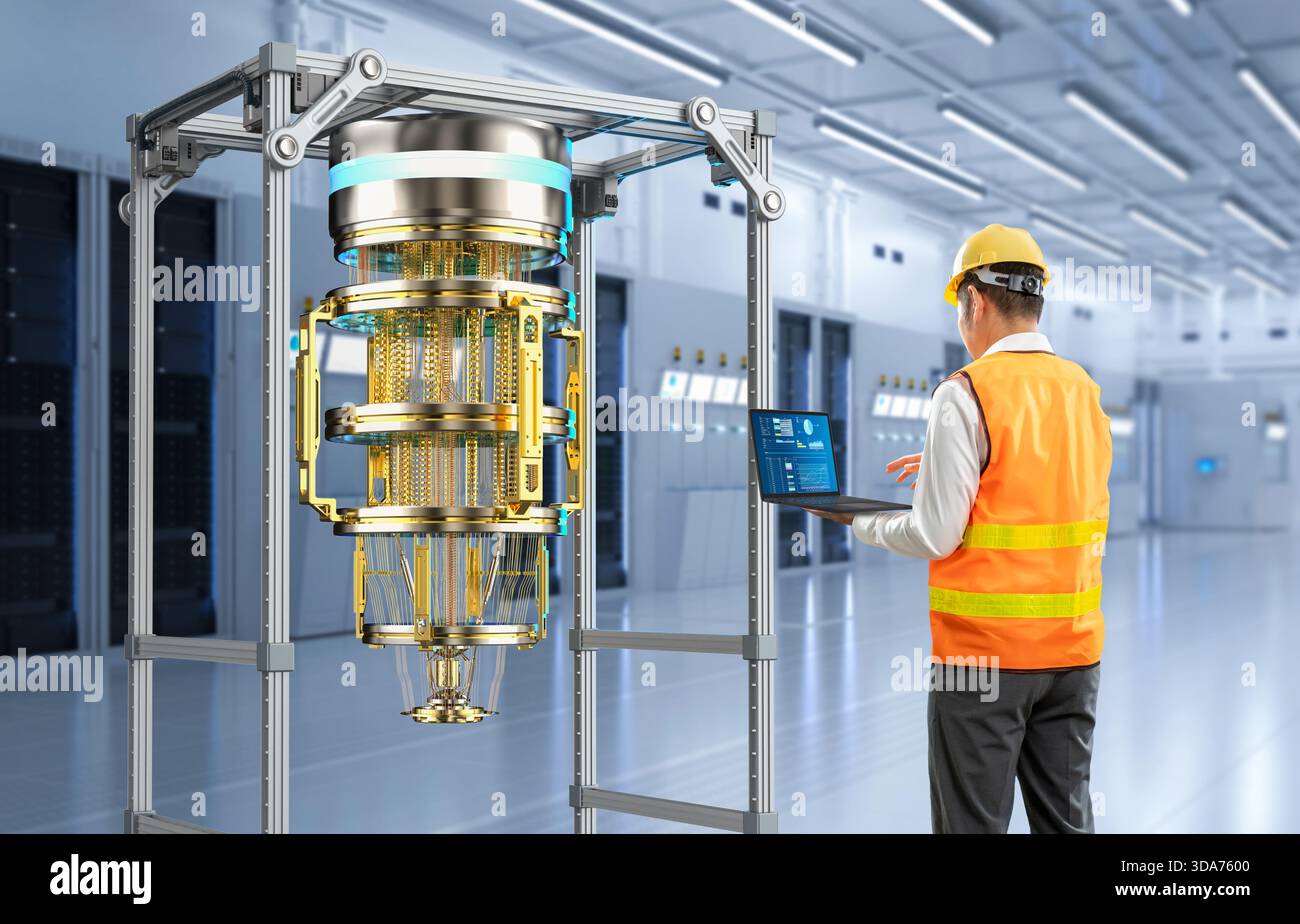 Quantum engineering technology with engineer develop quantum computer machine in server room Stock Photo