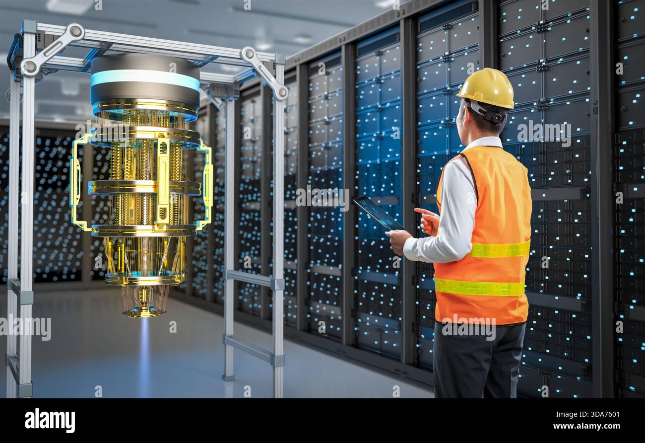 Quantum engineering technology with engineer develop quantum computer machine in server room Stock Photo