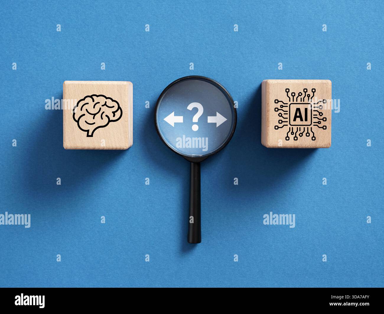 Analyzing the choice between human intelligence and AI with a magnifying glass, showing a challenging decision Stock Photo