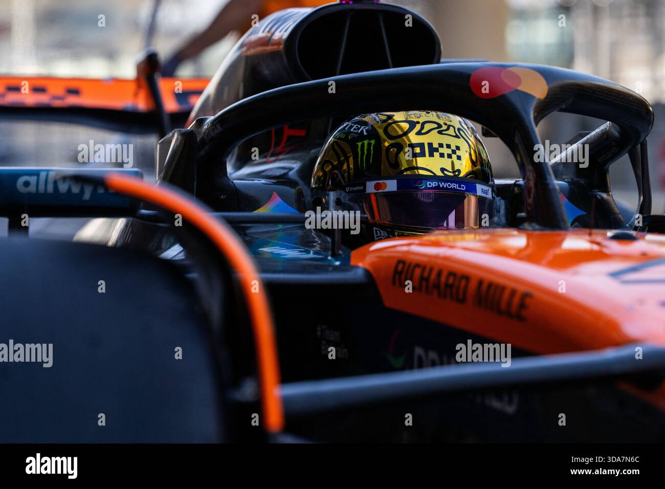 Lando Norris Gbr Of McLaren Racing 4 With His New WDC Helmet On Lando Norris Gbr Of Mclaren Racing 4 With His New Wdc Helmet On Testing Day For The 2026 Formula1 Season At The Yas Marina Circuit On December 9 2025 Photo By Antoine Lapeyre Abacapresscom 3DA7N6C