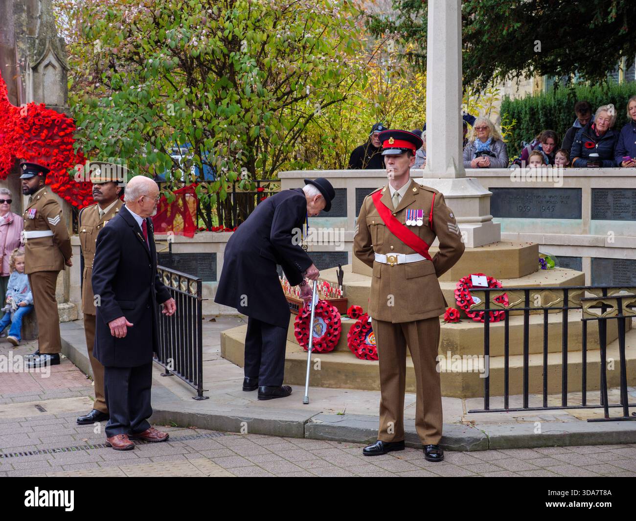 Elderly man laying floral wreath of red poppies at the war memorial in Newbury, West Berkshire, England, UK Stock Photo