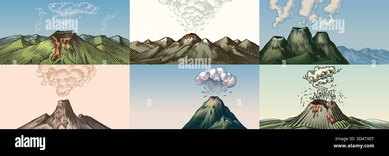 Simple Volcano Scene Moody volcano eruption landscape scenes. Volcanic activity and ...