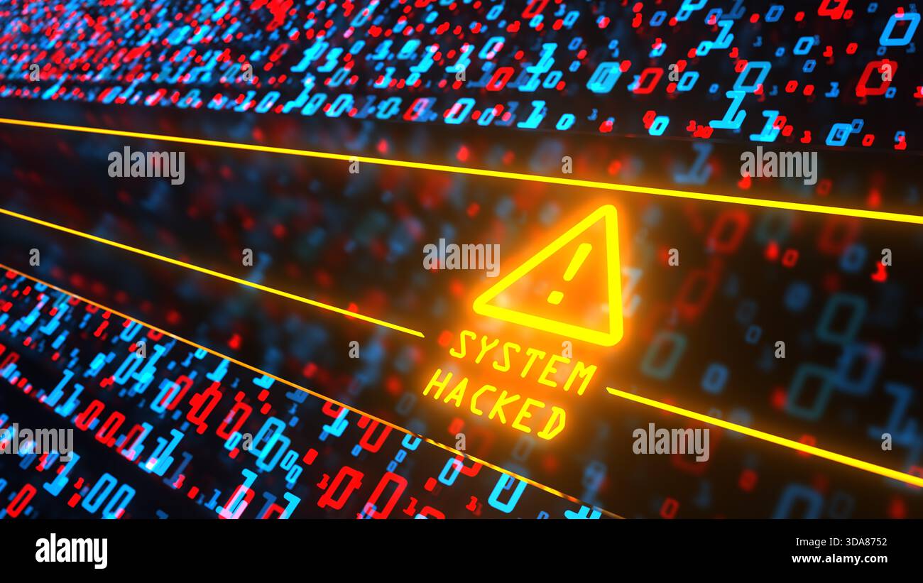 Warning sign System Hacked on the digital background. 3d illustration. Stock Photo