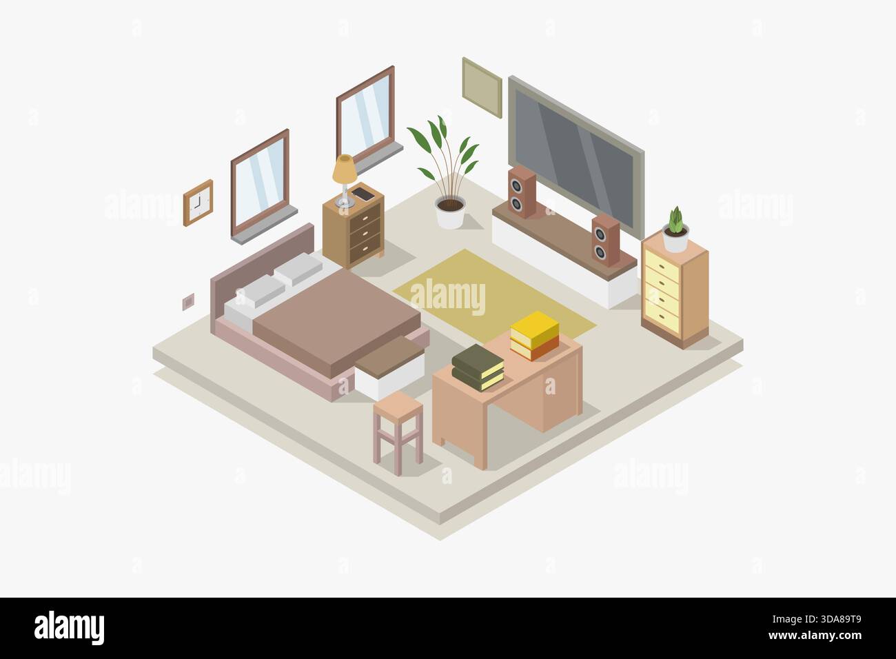 Isometric bedroom illustrated in vector on white background Stock Vector