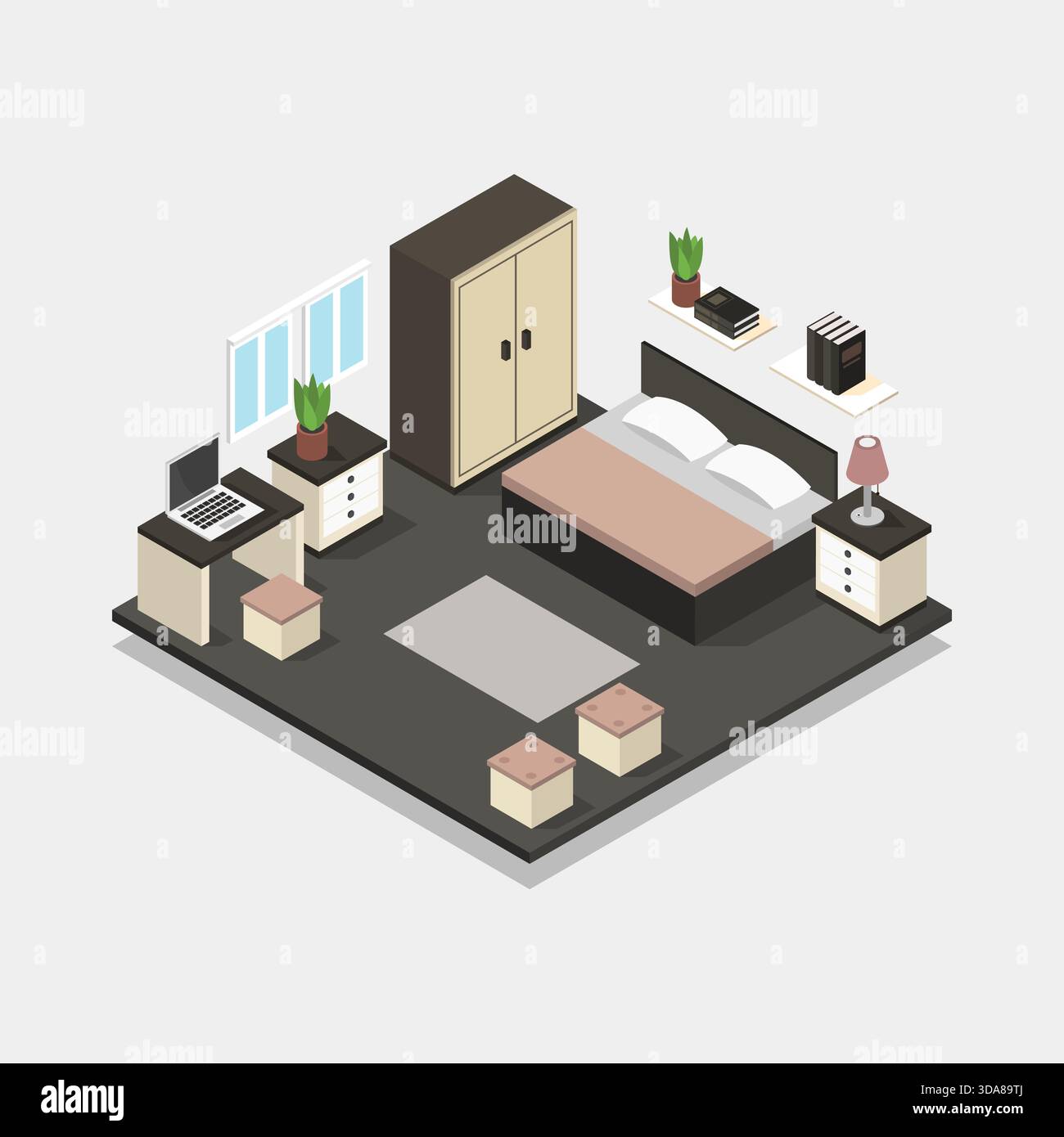Isometric bedroom illustrated in vector on white background Stock Vector