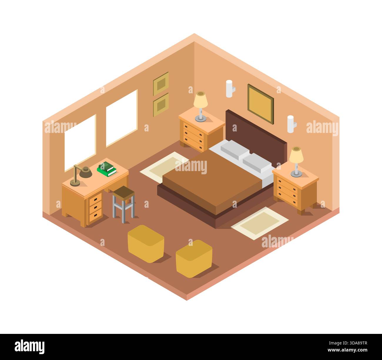 Isometric bedroom illustrated in vector on white background Stock Vector